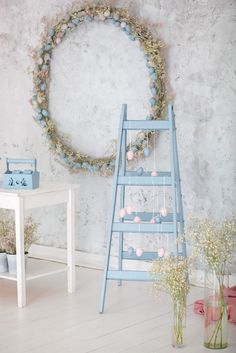 Easter holiday. Home decor blue ladder and eggs garland wall. decorative diy wooden symbol. decorative wooden ladder. spring room decor. rustic style. Family celebration. Easter colorful eggs. Spring Room Decor, Room Decor Rustic, Cheap Diy Home Decor, Home Decor Blue