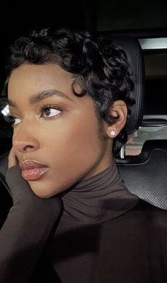 Pixie With Hat, Serayah Short Hair, Jayda Wayda Pixie Cut, Short Slicked Back Hair Women Black, Pixie Cut Outfits Black Women, Pixie Pin Curls, Short Relaxed Hairstyles Pixie Cuts, Curly Pixie Cuts Black Women, Nia Long Short Hair