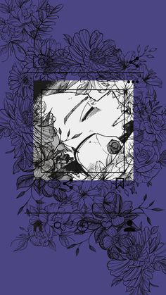 an artistic photo frame with flowers and leaves around it in black and white on a purple background