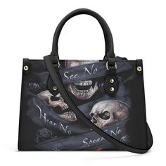 No see no hear no speak Skeleton women's purse, evil large tote bag, gothic skull handmade bag, biker skull travel bag, christmas skull tote bag, flaming skull handbag, hooded skull shoulder bag, goth large tote bag, hooded skull bag with shoulder strap, horror women's purse, skull bag with shoulder strap, floral skull sho Size: LENGTH x WIDTH x HEIGHT 29cm x 11cm x 20cm 11.4in x 4.3in x 7.9in * The main material of this handbag is PU leather * Smooth zipper and all over printing customized styl Gothic Large Capacity Shoulder Bag, Gothic Skull-shaped Bag With Skull Print, Gothic Shoulder Bag For Daily Use, Gothic Skull Bag For Everyday Use, Gothic Large Capacity Bag For Everyday Use, Gothic Tote Shoulder Bag For Daily Use, Gothic Tote Shoulder Bag For Everyday Use, Gothic Black Shoulder Bag With Skull Print, Black Skull-shaped Bag For Halloween