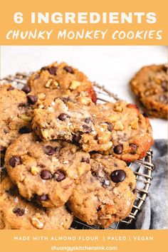 chocolate chip cookies stacked on top of each other with text overlay reading 6 ingredients chunky monkey cookies