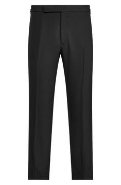 With their impeccable tailoring and satin side stripes, these tuxedo pants made from the label's custom-developed wool barathea exude black-tie sophistication. 35" inseam; 15" leg opening; 10 1/2" front rise; 16" back rise (size 32) Zip fly with hook-and-bar closure Adjustable waist tabs Side-seam pockets; back button-welt pockets Lined to the knee 100% wool Dry clean Made in Italy Men's Designer Clothing Tailored Black Suit Trousers, Black Tailored Suit Trousers, Tailored Black Pants For Black-tie Events, Black Tailored Pants For Black-tie Events, Tailored Black Bottoms For Black-tie Events, Black Tailored Trousers Suit, Black Fitted Tuxedo Pants, Fitted Black Bottoms For Black-tie Events, Black Pants With Welt Pockets In Suiting Fabric