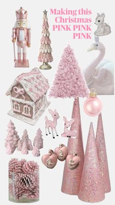 pink christmas decorations and trees are featured in this ad