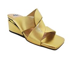 Metallic or Patent Faux Leather upper, Slip on for easy entry,2\ wedge heel with metallic detail, Square open toe, Lightly cushioned footbed, Rubber outsole | Women's Ninety Union Magical Wedge Sandals in Gold Size 5 Womens Sandals Wedges, Shoe Carnival, Wedge Heels, Wedge Sandals, Open Toe, Shoes Sandals, Womens Sandals, Leather Upper, Wedges