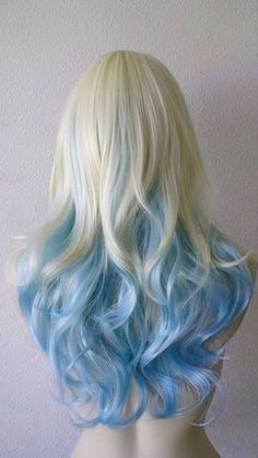 White To Blue Ombre Hair, White To Blue Hair, Blonde And Light Blue Hair, White Hair With Blue Tips, Blonde Hair Blue Tips, Light Blue Hair Highlights, Blond And Blue Hair, Blonde Hair With Blue Tips, Ice Blue Outfit