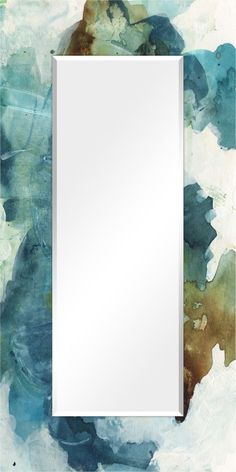 an abstract painting with a white square frame on the bottom and blue watercolors in the background