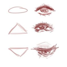 four different shapes are shown in red and pink ink on a white background, each with an individual's eye