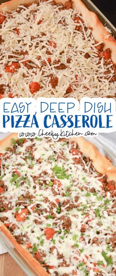 an easy deep dish pizza casserole with cheese and ground beef is ready to be eaten