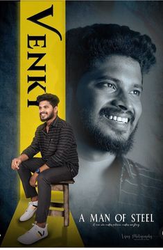 a man sitting on top of a stool next to a yellow and black sign that says, a man of steel