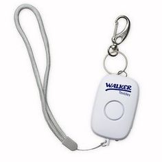 a white keychain with a cord attached to it and a logo on the front