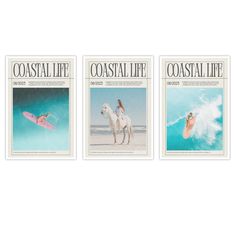 three magazines with photos of people riding horses on the beach and surfing in the ocean