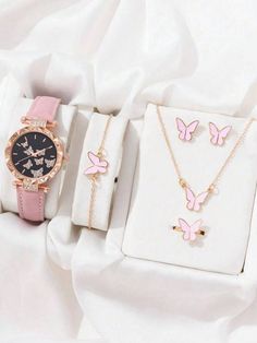 1pc Women's Pink Pu Leather Strap Quartz Watch With Fashionable Rhinestones Decorated Geometric Dial And 5pcs Butterfly-shaped Jewelry Set, Great For Daily Wear  Cute   Zinc Alloy  Watch Set   Kids Jewelry & Watches, size features are:Bust: ,Length: ,Sleeve Length: خواتم خطوبة, Hand Jewelry Rings, Butterfly Watch, Rhinestone Jewelry Set, Butterfly Fashion, Fancy Watches, Butterfly Bracelet, Watches Women, Girls Watches