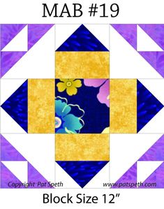 the block is made up of blue and yellow squares with flowers on them, as well as