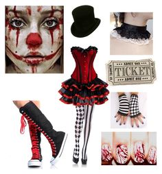 a collage of photos with clown makeup and accessories including boots, gloves, socks, hat