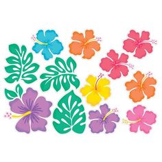 hawaiian flower cut outs are shown in different colors and sizes, including pink, purple, green