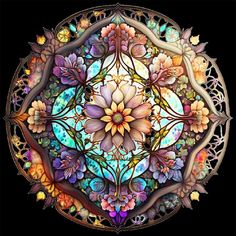 a circular stained glass design with flowers and leaves