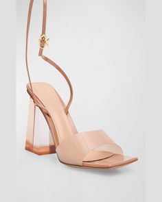 Gianvito Rossi patent leather and clear vinyl sandals    3.25 in / 85 mm transparent block heel    Open toe    Adjustable ankle strap    Made in Italy Clear Block Heels, Transparent Heels, Latest Sandal, T Strap Flats, Rossi Shoes, Red Sole, Suede Sandals, Clear Vinyl, Brown Sandals