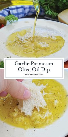 garlic parmesan olive oil dip is being drizzled on top of a white plate