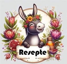 a donkey with flowers on its head holding a sign that says resple in front of it