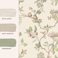 wallpaper with birds and berries on it in shades of green, beige, white