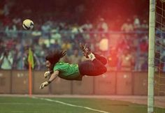 a soccer player dives to catch the ball