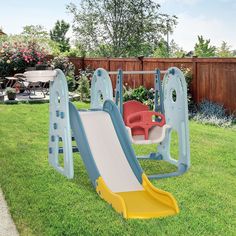 an outdoor play set in the backyard