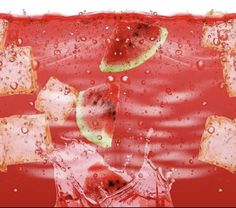 slices of watermelon and cubes of ice on a red background with drops of water