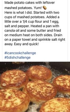 some food cooking in a pan on top of a stove with the words made potato cakes