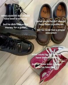 three pairs of shoes sitting next to each other on the floor with caption that says, what could he do?