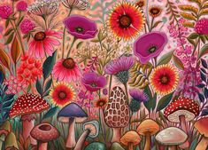 a painting of flowers and mushrooms in the grass