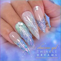 S37 Over the Moon - A serene shade of periwinkle blue that sparkles with flash reflective glitters and iridescent flakes that color shifts between pink, green and gold. This dreamy mermaid blue with a hint of violet is a must have color for spring and summer nails! This Charme Gel is part of the Twinkle Dreams Collection. Twinkle Dreams collection is inspired by soft whimsical colors that are sparkling and vibrant, they are jam packed with diamond reflective sparkles and color shifting iridescen Dreamy Nail Art, Mermaid Nail Polish, Blue Chrome Nails, Barbie Nails, Dream Weaver, Mermaid Nails, Pink Mermaid, Vacation Nails, Sparkle Nails