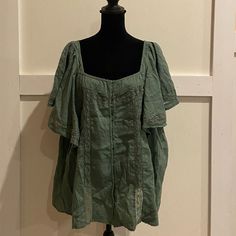 This Bohemian Chic Too Is Great With Some Boyfriend Jeans Or Shorts For Those Nice Spring Days. Very Light Weight And Comfortable. The Lace Detailing Is See Through. Nwot Spring Bohemian Blouse With Square Neck, Bohemian Square Neck Blouse For Spring, Bohemian Short Sleeve Peasant Top For Day Out, Bohemian Green Blouse For Daywear, Bohemian Linen Peasant Top For Summer, Bohemian Green Top For Daywear, Green Bohemian Blouse For Daywear, Bohemian Green Blouse With Buttons, Bohemian Cotton Blouse With Square Neck