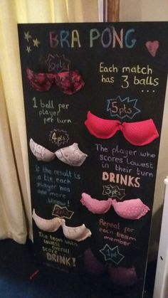 a chalk board with bra pong instructions on it