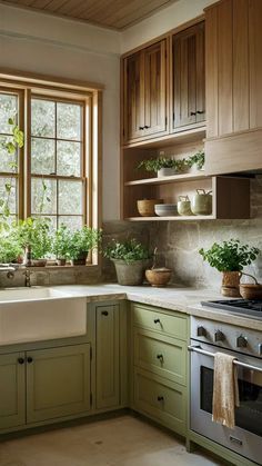 a kitchen filled with lots of green cupboards next to a sink and stove top oven