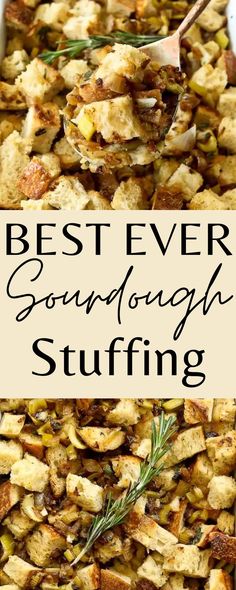 a casserole dish with stuffing in it and the words best ever sound through stuffing