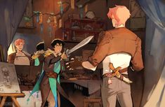 an animated image of two people holding swords and looking at another person in the background