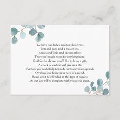 a card with eucalyptus leaves on it