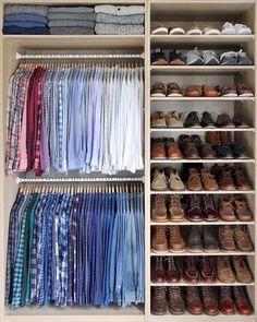 a closet filled with lots of shoes and shirts