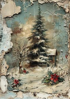 an old, torn up piece of paper with a painting of a house in the snow