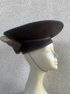 Vintage dark brown brim hat wool felt netting bow Sz 22.5" or 7 1/4 lg. Made in China no labels. Bead accent interior of bow and very good condition. Measurement  Interior band 22.5" Width of hat 14" Height 6-4" Brim width 3.5" elastic strap Dark Brown Wide Brim Hat, Adjustable Brown Fur Felt Hat, Classic Brown Fur Felt Hat, Trendy Brown Wide-brim Felt Hat, Brown Wool Six-panel Hat, Imperial Beach, Brimmed Hat, Brim Hat, Wool Felt