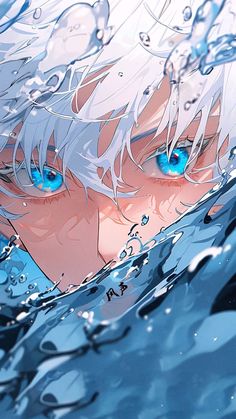 an anime character swimming in the water with blue eyes and white hair on his head