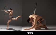 two pictures of a man holding a bow and arrow in his right hand while kneeling on the ground