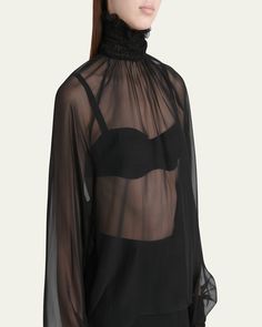 Dolceamp;Gabbana sheer chiffon blouse features a smocked collar and cuffs     Turtleneck    Long sleeves    Midlength     Loose fit     Silk    Made in Italy Black Chiffon Blouse, Sheer Chiffon Blouse, Silk Chiffon Blouse, Smocked Blouse, Turtleneck Outfit, Smock Blouse, Mein Style, Sheer Chiffon, Blouse Outfit