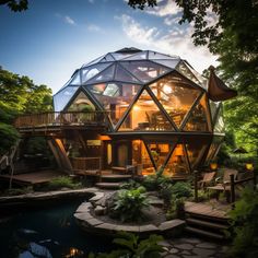 a large glass dome house sitting on top of a lush green forest