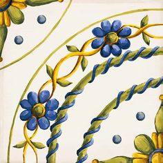 an artistic painting with blue and yellow flowers