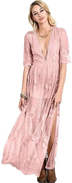 Eleter Women's Deep V-Neck Lace Romper Short Sleeve Long Dress (X-Large, Pink) at Amazon Women’s Clothing store Short Sleeve Long Dress, Sleeve Long Dress, Holiday Maxi Dress, Off Shoulder Fashion, Long Sleeve Short Dress, Lace Romper, Pink Maxi Dress, Fur Fashion, Short Rompers