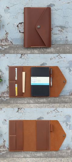 three different types of notebooks and pens are shown in the same photo, one is empty