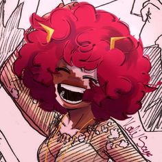 a drawing of a woman with red hair and an afro is smiling at the camera