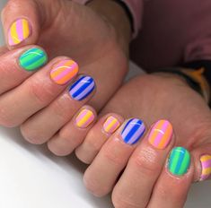 Funky Nail Inspo Short, Lisi Shops Nails, Fun Pattern Nails, Stripe Nail Designs, Subtle Pride Nails, Party Nail Art, Color For Nails, Seeing Double, Hello Nails