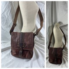 "Measurements are 10\" wide, 10\"4 high and 2\"5 deep with a 53\" shoulder strap with a 25\" drop. One inner compartment lined in fabric, back zipper pocket, back pocket, top zipper closure along with brass hardware, two exterior pockets and bag can be used cross body. There are a few light scuffs with no tears and looks amazing. Bag is great for work, school and travel. 100% genuine Fossil.  -----------------------------------------I SHIP WORLDWIDE----------------------------------------------- Leather Cross, Pocket Top, Vintage Coach, Perfect Bag, Signature Logo, Brass Hardware, Leather Crossbody, Leather Shoulder Bag, Fossil